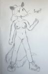  anthro bangs big_tail breasts clothing dialogue didelphid dot_eyes female footwear footwear_only genitals gesture graphite_(artwork) hair half-closed_eyes hi_res josey_(wdkinc) looking_at_viewer mammal markings marsupial monochrome mostly_nude narrowed_eyes navel nipple_piercing nipples nude pencil_(artwork) piercing ponytail possum pussy shoes shoes_only sketch smile sneakers solo tail text thick_tail traditional_media_(artwork) waving wdkinc whisker_markings whisker_spots whiskers 
