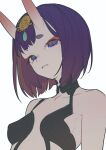  1girl bare_shoulders bob_cut breasts commentary_request english_commentary eyeliner fate/grand_order fate_(series) headpiece highres horns light_smile looking_at_viewer makeup oni oni_horns purple_eyes purple_hair short_eyebrows short_hair shuten_douji_(fate) simple_background sketch skin-covered_horns small_breasts solo timbougami upper_body white_background 