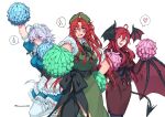  3girls ahoge alternate_costume arm_up bat_wings beret blue_eyes blush braid breasts cheering chinese_clothes closed_mouth demon_tail formal green_headwear grey_hair hair_ribbon hand_on_own_hip hat hat_ornament head_wings heart highres himadera hong_meiling izayoi_sakuya koakuma large_breasts long_hair maid maid_headdress multiple_girls one_eye_closed open_mouth puffy_short_sleeves puffy_sleeves red_eyes red_hair ribbon short_hair_with_long_locks short_sleeves side_slit sidelocks simple_background spoken_heart spoken_sparkle spoken_sweatdrop star_(symbol) star_hat_ornament sweatdrop tail thighhighs touhou tress_ribbon twin_braids twitter_username white_background white_thighhighs wings 
