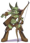  2023 abs anthro archer arrow_(weapon) blush bow_(weapon) breasts clenched_teeth clothed clothing digital_media_(artwork) eye_patch eyewear female female_anthro footwear full-length_portrait hi_res holding_bow_(weapon) holding_object holding_weapon horn kemono kobold legwear looking_at_viewer muscular muscular_anthro muscular_female portrait quiver ranged_weapon reptile sat_v12 scales scalie simple_background smile smirk solo teeth translated_description weapon white_background 