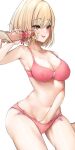  1boy 1girl blonde_hair blush bra breasts cleavage collarbone erection female_masturbation handjob heart heart-shaped_pupils highres lycoris_recoil masturbation medium_breasts medium_hair navel nishikigi_chisato open_mouth orange_eyes panties penis red_ribbon ribbon simple_background sitting smile symbol-shaped_pupils underwear white_background zah_takara 