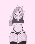  anthro bra breasts canid canid_demon canine canis clothed clothing demon female fishnet fur gesture grey_body grey_fur grey_hair hair hellhound helluva_boss hi_res looking_at_viewer loona_(helluva_boss) mammal semmel shaded smug submissive suggestive suggestive_gesture thick_thighs under_boob underwear wolf 