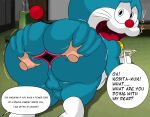  2022 all_fours anthro anus balls bell bell_collar big_butt black_eyes blue_body butt butt_grab collar comic_book dialogue digital_media_(artwork) disembodied_hand domestic_cat doraemon doraemon_(character) duo english_text exclamation_point felid feline felis genitals hand_on_butt hi_res holding_object human inside looking_back machine male mammal multicolored_body nekoni nobita_nobi offscreen_character penis rear_view red_nose red_tail robot speech_bubble spread_anus spread_butt spreading tail text thick_thighs tongue two_tone_body whiskers white_body 