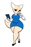  2023 absurd_res aggressive_retsuko anthro black_eyes bottomwear canid canine clothing female fennec fenneko fox fur hi_res lovetopullmicke mammal pencil_skirt phone sanrio simple_background skirt solo tan_body tan_fur thick_thighs white_background wide_hips 