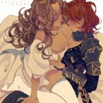  2girls armor biting brown_hair closed_eyes dated dress freckles highres long_hair luoman19921 multiple_girls nipple_biting nipples no_shoes original red_hair short_hair simple_background sitting sitting_on_lap sitting_on_person thighhighs white_background white_dress white_thighhighs yuri 