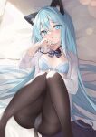  1girl :o animal_ear_fluff animal_ears bed_sheet black_skirt blue_bra blue_eyes blue_hair blue_nails blush bow bra breasts brown_pantyhose cat_ears cat_girl cat_tail collared_shirt commentary_request dress_shirt fang feet_out_of_frame front-hook_bra grey_bow hair_between_eyes hand_up knees_together_feet_apart knees_up long_sleeves looking_at_viewer lying medium_breasts nail_polish on_back open_bra open_clothes open_shirt original panties panties_under_pantyhose pantyhose parted_lips plaid plaid_bow pleated_skirt saeki_sora shirt skirt skirt_removed solo tail thighband_pantyhose underwear white_panties white_shirt 