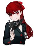  1girl black_jacket black_mask bow breast_pocket buttons cropped_torso hair_between_eyes hair_bow holding holding_mask jacket long_hair long_sleeves looking_at_viewer mask mudo_on8 persona persona_5 persona_5_the_royal pocket ponytail red_bow red_eyes red_hair school_uniform shuujin_academy_school_uniform simple_background smile solo upper_body white_background yoshizawa_kasumi 