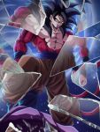  1boy biceps black_hair blue_sash body_fur buraku_black closed_mouth dragon_ball dragon_ball_gt highres long_hair looking_at_viewer male_focus monkey_boy monkey_tail muscular muscular_male no_nipples pants pectorals red_fur saiyan sash smile smirk solo son_goku spiked_hair super_saiyan super_saiyan_4 tail yellow_pants 