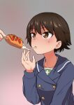  1girl absurdres aomushi_(mushamusha) bike_shorts blue_jacket brown_eyes brown_hair cum cum_on_hands food girls_und_panzer grey_background highres holding holding_food isobe_noriko jacket ooarai_military_uniform pulque short_hair simulated_bukkake steaming_body suggestive_fluid sweat tomboy 