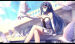  1girl artist_request bare_legs bird blue_hair blue_sky blurry blurry_background cang_yue_(tou_xing_jiuyue_tian) closed_mouth collarbone crossed_legs dress elbow_gloves expressionless gloves grey_eyes highres light_rays long_hair on_railing railing second-party_source sky solo tou_xing_jiuyue_tian upper_body white_bird white_dress 