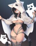  1girl animal_ears bandages bed_sheet black_hair black_nails breasts cat_tail ghost ghost_costume grin halloween_costume highres hood hood_up large_breasts long_hair naked_bandage naked_costume naked_sheet navel original rob_ishi sharp_teeth shiny_skin smile solo tail teeth 