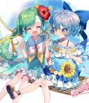  2girls aqua_dress barefoot blue_bow blue_dress blue_hair bow cirno closed_eyes daiyousei dress fairy fairy_wings flower food frilled_dress frills green_hair hair_bow hair_flower hair_ornament holding holding_food ice ice_wings long_hair multiple_girls open_mouth popsicle red_flower rooseputo_02 sandals short_hair side_ponytail smile sunflower touhou twitter_username wings yellow_eyes yellow_flower 