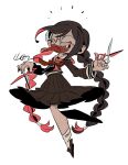  1girl braid brown_hair danganronpa:_trigger_happy_havoc danganronpa_(series) fangs fukawa_toko genocider_shou glasses holding holding_scissors holding_weapon long_hair long_tongue looking_at_viewer open_mouth red_eyes round_eyewear school_uniform scissors serafuku skirt smile solo tongue tongue_out twin_braids weapon yamada9000 