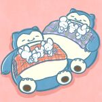  absurdres blanket closed_eyes highres lying lying_on_another maushold_(family_of_four) maushold_(family_of_three) no_humans official_art pink_background plaid plaid_blanket pokemon pokemon_(creature) simple_background sleeping smile snorlax 