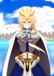  1girl absurdres armor artoria_pendragon_(fate) artoria_pendragon_(lancer)_(fate) blonde_hair blue_sky breastplate cape cloud cloudy_sky crown excalibur_(fate/stay_night) fate/grand_order fate_(series) fur-trimmed_cape fur_trim gauntlets green_eyes hair_between_eyes highres looking_at_viewer planted planted_sword sky smiling_embassies solo sword weapon white_cape 