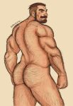  1boy arm_hair ass ass_hair back_hair bara beard body_hair completely_nude contrapposto facial_hair feet_out_of_frame from_behind growlygruntz hairy highres leg_hair looking_at_viewer looking_back male_focus mature_male muscular muscular_male nude original short_hair sketch solo standing thick_thighs thighs undercut 