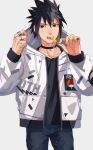  1boy absurdres biting black_choker black_shirt candy character_name choker collarbone denim fingernails food grey_background highres holding holding_candy holding_food holding_lollipop hood hooded_jacket jacket jeans jewelry lollipop male_focus mirin_(coene65) naruto naruto_(series) pants pocket ring shirt simple_background solo uchiha_sasuke white_jacket 