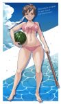  1girl bikini bikini_day breasts brown_eyes brown_hair cleavage feet food front-tie_bikini_top front-tie_top fruit grin headband highres holding holding_weapon kasugano_sakura kkzk61539201 large_breasts legs looking_at_viewer navel pink_bikini short_hair smile solo street_fighter swimsuit thighs watermelon weapon 