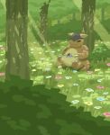  bush claws closed_eyes closed_mouth commentary_request day flower grass highres kangaskhan no_humans outdoors pokemon pokemon_(creature) sitting sleeping smile solo tomozo_(muginosukejr) tree 