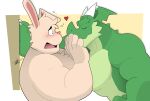  &lt;3 anthro biceps chest_tuft cornered dragon duo green_body hi_res hikazedragon horn lagomorph leporid male mammal muscular muscular_anthro muscular_male pecs rabbit rg01_(undertale) rg02_(undertale) scalie shy tuft undertale_(series) 