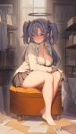  1girl barefoot black_gloves black_skirt blue_archive blue_eyes blue_hair blush breasts cleavage closed_mouth collarbone collared_shirt commentary_request feet full_body gloves hair_intakes halo highres holding holding_clothes holding_panties holding_underwear indoors large_breasts leaf98k long_hair long_sleeves looking_at_viewer panties pleated_skirt purple_panties shirt signature sitting skirt solo thighs toes two_side_up underwear white_shirt yuuka_(blue_archive) 