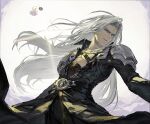  1boy armor baby_akachan belt_buckle black_jacket blue_eyes buckle chest_strap cloud cloudy_sky cowboy_shot dual_persona final_fantasy final_fantasy_vii final_fantasy_vii_remake flying grey_hair high_collar highres jacket long_bangs long_hair long_jacket long_sleeves male_focus safer_sephiroth sephiroth shoulder_armor sky smile toned toned_male 