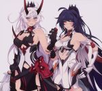  2girls ahoge armor bare_shoulders blue_eyes breasts cleavage cosplay costume_switch gauntlets grey_background grin highres honkai_(series) honkai_impact_3rd horns kiana_kaslana kiana_kaslana_(herrscher_of_flamescion) kiana_kaslana_(herrscher_of_flamescion)_(cosplay) long_hair looking_at_viewer minxinq multiple_girls one_eye_closed ponytail purple_eyes purple_hair raiden_mei raiden_mei_(herrscher_of_thunder) raiden_mei_(herrscher_of_thunder)_(cosplay) simple_background smile teeth very_long_hair white_hair 