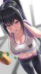  1girl bare_shoulders black_hair black_pants blue_archive blush bottle breasts choker cleavage collarbone earphones flower hair_flower hair_ornament hair_scrunchie halo high_ponytail highres large_breasts long_hair looking_at_viewer navel open_mouth pants purple_eyes scrunchie sidelocks silver_bullet_(ecc12_8) solo sports_bra sumire_(blue_archive) sweat thighs tight_clothes tight_pants towel very_long_hair white_sports_bra yoga_pants 