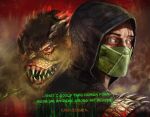  anthro clothing english_text flavio_luccisano green_body green_clothing green_eyes hi_res hood human male mammal mask mortal_kombat mortal_kombat_1 ninja reptile reptile_(mortal_kombat) scalie sharp_teeth solo spikes tattoo teeth text warrior 