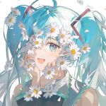  1girl :d absurdres ahoge amukeer bare_shoulders black_sleeves blue_eyes blue_hair commentary detached_sleeves english_commentary flower grey_shirt hair_between_eyes hands_up hatsune_miku highres long_sleeves petals shirt simple_background sleeveless sleeveless_shirt smile solo upper_body vocaloid white_background white_flower wide_sleeves 