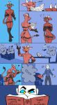  2023 60percentscalie andromorph anthro book clothed clothing comic dragon duo english_text genitals hi_res horn human intersex kissing male mammal nude pussy simple_background spade_tail standing tail text 