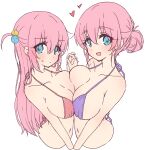  2girls :d bikini blue_eyes blush bocchi_the_rock! breast_press breasts gotou_hitori gotou_michiyo hair_bun highres holding_hands large_breasts long_hair looking_at_viewer mel_(melty_pot) mother_and_daughter multiple_girls one_side_up pink_bikini pink_hair purple_bikini single_hair_bun smile swimsuit symmetrical_docking 