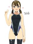  1girl :d baba_arumi black_thighhighs blue_eyes blush breasts brown_hair competition_swimsuit covered_navel heart long_hair looking_at_viewer one-piece_swimsuit open_mouth original smile solo swimsuit thighhighs twintails v 