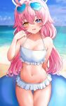  1girl absurdres beach bikini bikini_skirt blue_archive blue_eyes blue_sky blush breasts commentary_request cowboy_shot day eyewear_on_head fang frilled_bikini frills heterochromia highres hoshino_(blue_archive) hoshino_(swimsuit)_(blue_archive) lds_(dstwins97) looking_at_viewer navel ocean official_alternate_costume open_mouth outdoors pink_hair sky small_breasts solo stomach sunglasses swimsuit water wet white_bikini yellow_eyes 