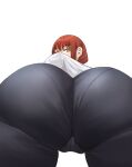  1girl absurdres ass bellone black_pants chainsaw_man from_behind from_below highres looking_at_viewer looking_back looking_down makima_(chainsaw_man) orange_eyes pants pantylines red_hair ringed_eyes shirt simple_background solo suit white_background white_shirt 