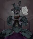  2023 absurd_res ambiguous_gender ambiguous_pov animatronic anthro blue_body blue_fur blush blush_lines bodily_fluids bow_tie bow_tie_only breath bulge claws dialogue digital_media_(artwork) drooling english_text finger_claws first_person_view five_nights_at_freddy&#039;s five_nights_at_freddy&#039;s_4 fur hi_res kogito lagomorph leporid machine male mammal mostly_nude nightmare_bonnie_(fnaf) rabbit robot saliva scottgames sharp_teeth solo speech_bubble straddling sweat talking_to_viewer teeth text 