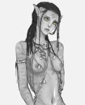  alien alien_humanoid anthro breasts cheesemint01 female hair humanoid james_cameron&#039;s_avatar mammal monochrome na&#039;vi nipples nude simple_background solo striped_body stripes 
