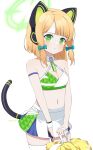  1girl absurdres alternate_costume animal_ear_headphones animal_ears blonde_hair blue_archive blunt_bangs breasts cat_ear_headphones cat_tail character_name cheerleader cleavage commentary_request cosplay detached_collar fake_animal_ears fake_tail gevuxx green_eyes hair_ribbon halo headphones highres holding holding_pom_poms looking_at_viewer midori_(blue_archive) millennium_cheerleader_outfit_(blue_archive) navel parted_bangs pleated_skirt pom_pom_(cheerleading) ribbon short_hair sidelocks simple_background skirt sleeveless solo tail thighhighs tress_ribbon white_background white_thighhighs zettai_ryouiki 