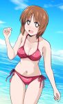  1girl bikini blue_sky breasts bright_pupils brown_eyes brown_hair cleavage cloud cloudy_sky commentary cowboy_shot day dutch_angle girls_und_panzer halterneck highres horizon looking_at_viewer nishizumi_miho ocean open_mouth outdoors pink_bikini ponzu_rui short_hair side-tie_bikini_bottom sky smile solo standing swimsuit thigh_gap white_pupils 