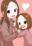  2girls brown_eyes brown_hair child chocolate female_child food hair_ornament hair_scrunchie heart highres holding holding_chocolate holding_food inaba_mifumi karakai_jouzu_no_(moto)_takagi-san karakai_jouzu_no_takagi-san long_hair long_sleeves looking_at_viewer medium_hair mother_and_daughter multiple_girls nishikata_chii open_mouth ponytail scrunchie shirt smile sweater takagi-san 