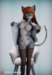  3d_(artwork) absurd_res anthro breasts chair clothed clothing digital_media_(artwork) eyewear felid female furniture genitals glasses hair hi_res legwear mammal momo_(disambiguation) monarquis open_clothing open_shirt open_topwear pantherine pubic_hair_peek pussy red_hair shirt simple_background snow_leopard solo stockings topwear 