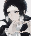  1boy akutagawa_ryuunosuke_(bungou_stray_dogs) ascot black_eyes black_hair black_jacket bungou_stray_dogs closed_mouth collared_jacket frown hands_up heart heart_hands hiba_riko highres jacket looking_to_the_side male_focus multicolored_hair shirt short_hair simple_background solo sweatdrop two-tone_hair upper_body v-shaped_eyebrows white_ascot white_background white_hair white_shirt 