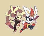  :d black_sclera bright_pupils brown_background cinderace closed_mouth colored_sclera commentary leg_up lopunny mega_lopunny mega_pokemon open_mouth outline oyul_o pink_eyes pokemon pokemon_(creature) red_eyes simple_background smile white_pupils 