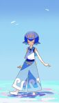  1girl barefoot blue_hair blue_pants blue_sailor_collar closed_eyes closed_mouth day hairband highres lana_(pokemon) outdoors pants pokemon pokemon_(game) pokemon_sm rii_(mrhc7482) sailor_collar shirt short_hair sky sleeveless sleeveless_shirt smile solo standing toes wading wave_print white_shirt yellow_hairband 