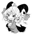  1girl commentary_request curled_horns curly_hair ear_piercing greyscale hair_ribbon horns looking_at_viewer monochrome piercing pointy_ears ribbon short_hair simple_background solo tanasuke touhou toutetsu_yuuma upper_body 