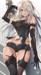  1girl a2_(nier:automata) asymmetrical_legwear black_gloves black_shirt black_shorts black_thighhighs blue_eyes breasts brown_thighhighs commentary_request elbow_gloves gloves goddess_of_victory:_nikke hair_over_one_eye highres lips long_hair looking_at_viewer medium_breasts michairu mismatched_legwear mole mole_under_mouth nier:automata nier_(series) shirt short_shorts shorts solo standing thighhighs white_hair 