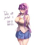  1girl absurdres arms_behind_back bare_legs blouse blue_skirt blush breasts brown_jacket buttons doki_doki_literature_club hair_between_eyes hair_intakes hair_ornament hairclip highres huge_breasts jacket long_hair looking_to_the_side meme orange_shirt pleated_skirt purple_eyes purple_hair school_uniform shirt shy skirt thick_thighs thighs twitter_strip_game_(meme) vest yudsnuts yuri_(doki_doki_literature_club) 