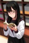  1girl absurdres black_hair black_sailor_collar black_skirt blurry blurry_background blush book bookshelf brown_eyes closed_mouth commentary_request depth_of_field glasses half-closed_eyes highres holding holding_book long_hair long_sleeves looking_away matsunaga_kouyou neckerchief nose_blush open_book original pleated_skirt puffy_long_sleeves puffy_sleeves purple-framed_eyewear purple_neckerchief sailor_collar shirt skirt solo white_shirt 