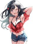  1girl ;d arm_behind_head black_hair borgbutler breasts cleavage denim denim_shorts grey_eyes hair_ornament halterneck highres large_breasts long_hair looking_at_viewer love_live! love_live!_nijigasaki_high_school_idol_club navel one_eye_closed one_side_up open_clothes open_mouth open_shorts shorts smile solo unaligned_breasts upper_body white_background yuuki_setsuna_(love_live!) 