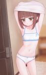  1girl armpits arms_up blunt_bangs blurry blurry_background blush bob_cut bow bow_panties bra brown_eyes brown_hair clothes_lift cowboy_shot crotch_seam depth_of_field flat_chest highres indoors lifted_by_self light_frown looking_to_the_side original panties parted_lips polka_dot polka_dot_bra polka_dot_panties shirt_lift shooko short_hair solo standing sweatdrop training_bra underwear underwear_only undressing white_bra white_panties 